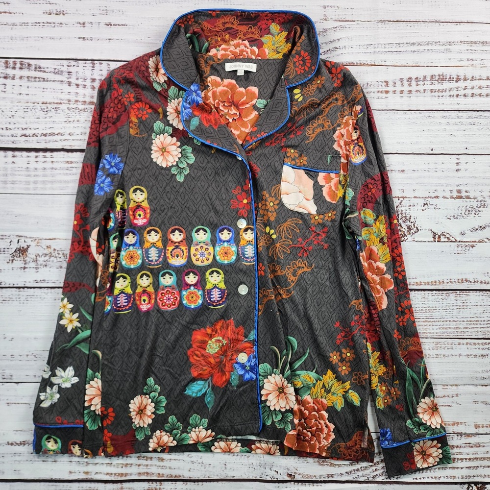 Johnny Was Pajama Top Women's XS Gray Floral Matryoshka Russian Doll Pima Modal